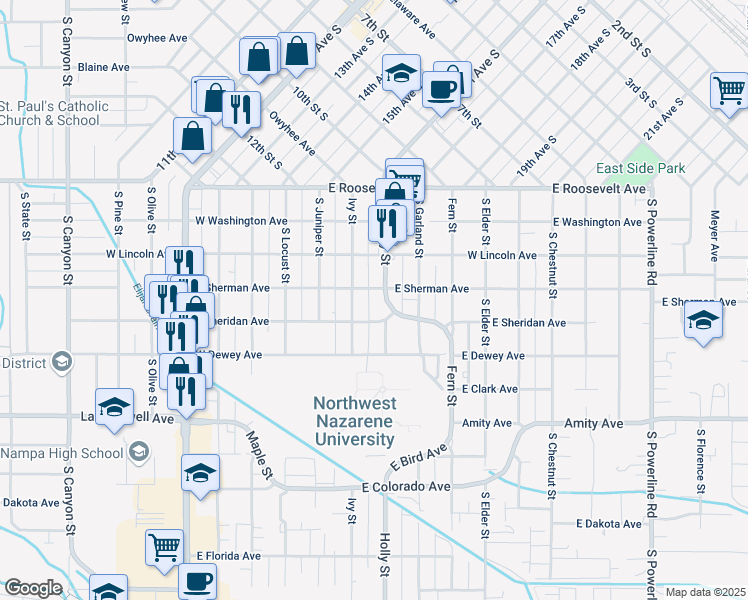 map of restaurants, bars, coffee shops, grocery stores, and more near 611 East Sheridan Avenue in Nampa