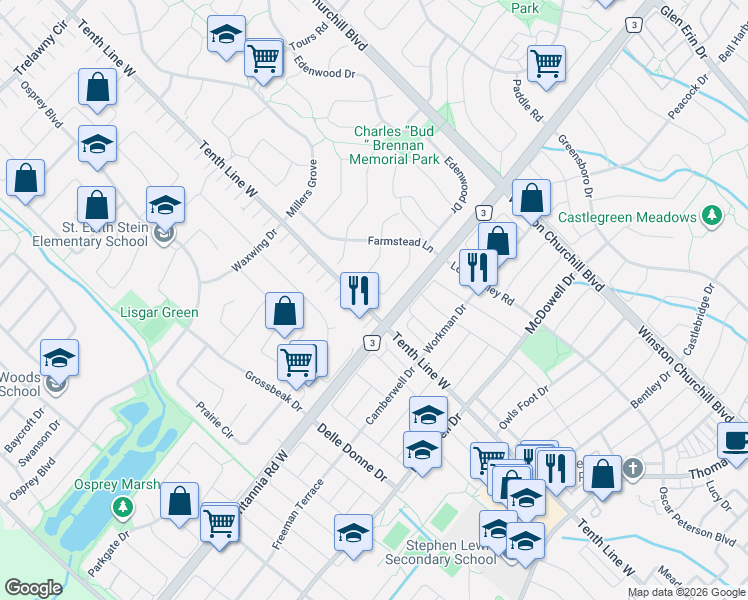 map of restaurants, bars, coffee shops, grocery stores, and more near 3198 Anderson Crescent in Mississauga