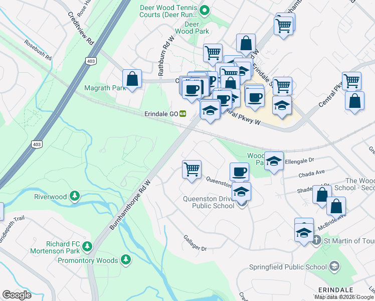 map of restaurants, bars, coffee shops, grocery stores, and more near 1473 Freeport Drive in Mississauga