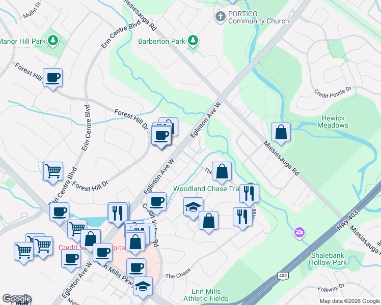 map of restaurants, bars, coffee shops, grocery stores, and more near 1760 The Chase in Mississauga