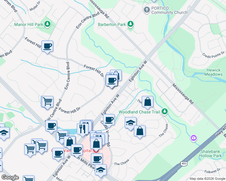 map of restaurants, bars, coffee shops, grocery stores, and more near 1675 The Chase in Mississauga