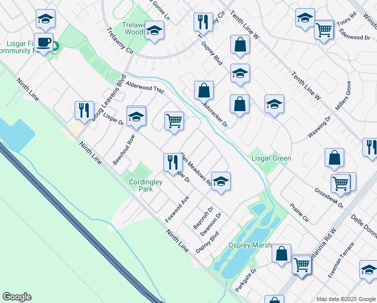 map of restaurants, bars, coffee shops, grocery stores, and more near in Mississauga