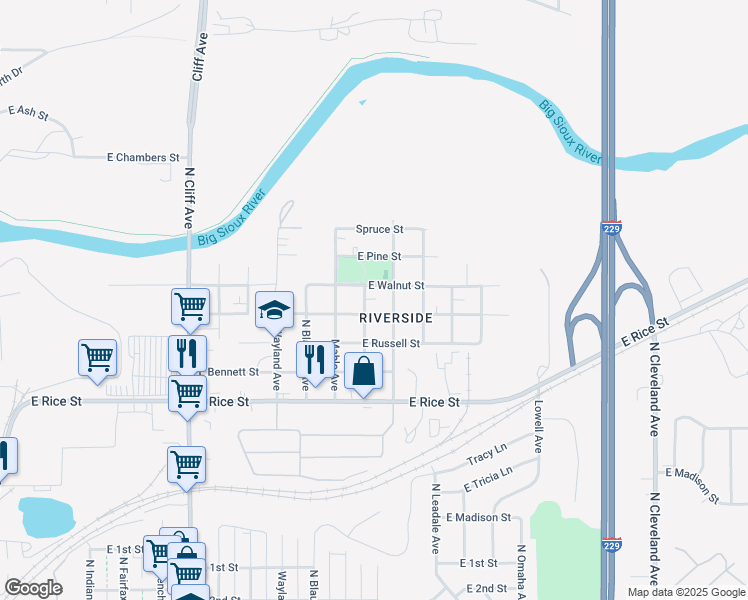map of restaurants, bars, coffee shops, grocery stores, and more near 1800-1898 E Walnut St in Sioux Falls