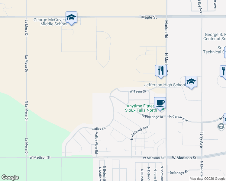 map of restaurants, bars, coffee shops, grocery stores, and more near 1643 Lalley Lane in Sioux Falls