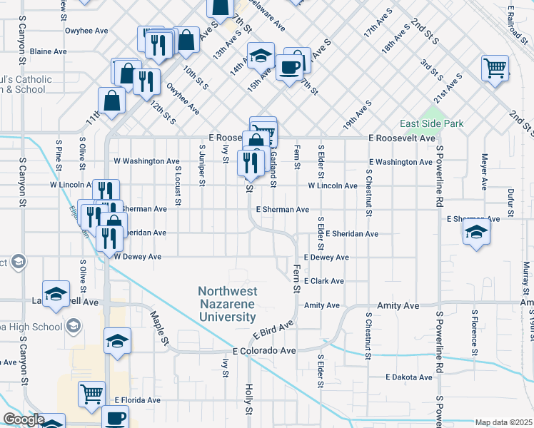 map of restaurants, bars, coffee shops, grocery stores, and more near 317 Garland Street in Nampa