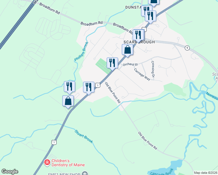 map of restaurants, bars, coffee shops, grocery stores, and more near 4 Alger Drive in Scarborough