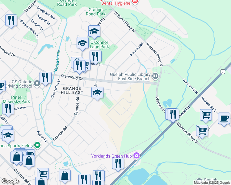 map of restaurants, bars, coffee shops, grocery stores, and more near 154 Starwood Drive in Guelph