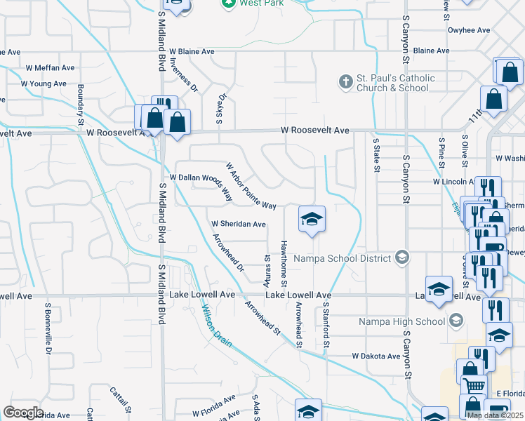 map of restaurants, bars, coffee shops, grocery stores, and more near 730 West Arbor Pointe Way in Nampa