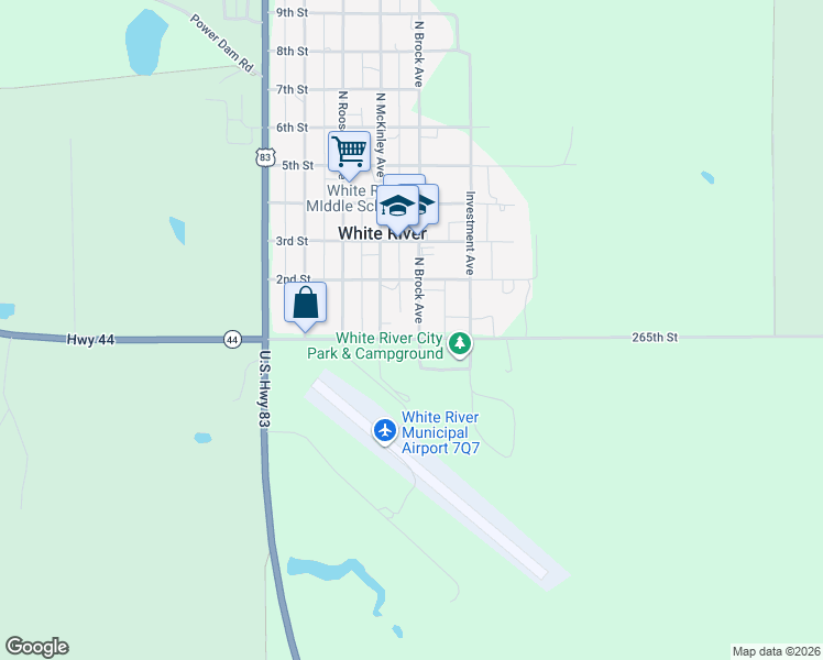 map of restaurants, bars, coffee shops, grocery stores, and more near 107 Brock Street in White River