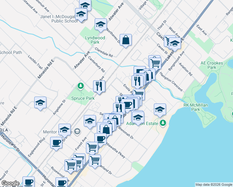 map of restaurants, bars, coffee shops, grocery stores, and more near 1068A Shaw Drive in Mississauga