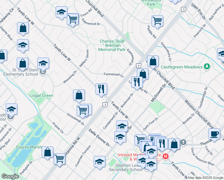 map of restaurants, bars, coffee shops, grocery stores, and more near 3176 Anderson Crescent in Mississauga