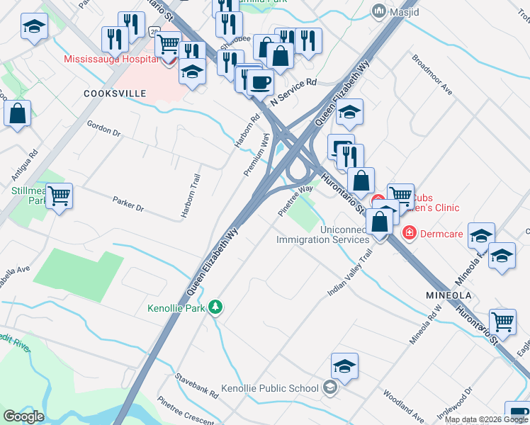 map of restaurants, bars, coffee shops, grocery stores, and more near 1643 Glenburnie Road in Mississauga