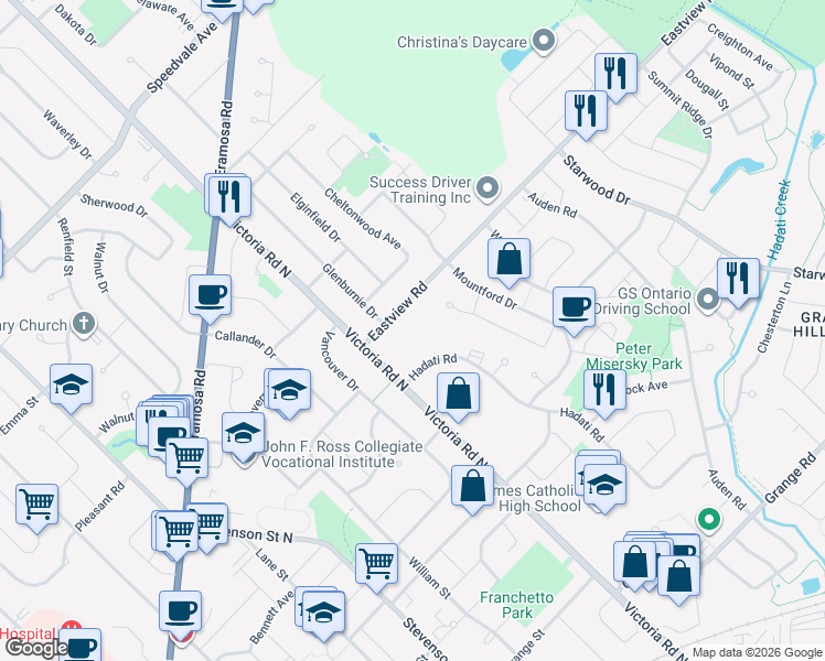 map of restaurants, bars, coffee shops, grocery stores, and more near 16 Hadati Road in Guelph