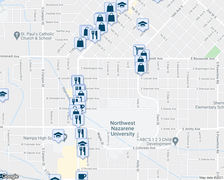 map of restaurants, bars, coffee shops, grocery stores, and more near 411 East Sherman Avenue in Nampa