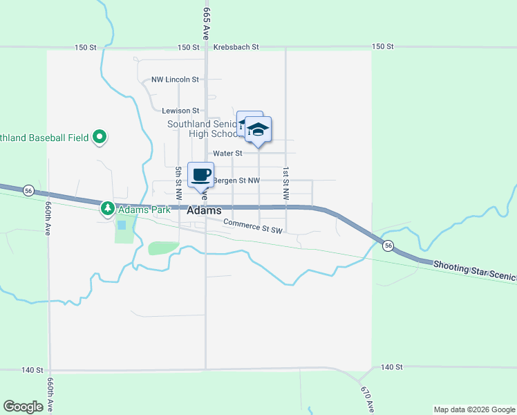 map of restaurants, bars, coffee shops, grocery stores, and more near 202 West Main Street in Adams