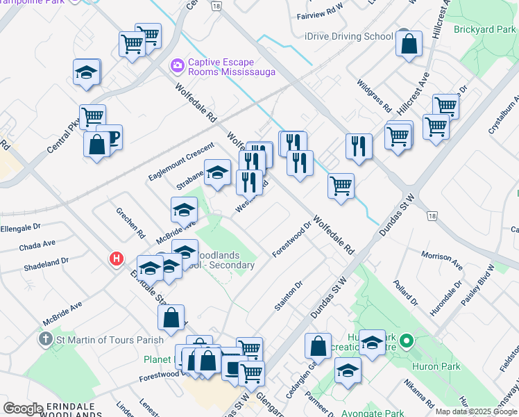 map of restaurants, bars, coffee shops, grocery stores, and more near in Mississauga
