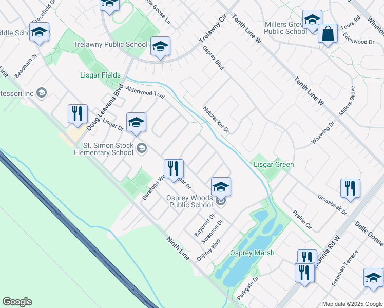 map of restaurants, bars, coffee shops, grocery stores, and more near 3657 Forest Bluff Crescent in Mississauga