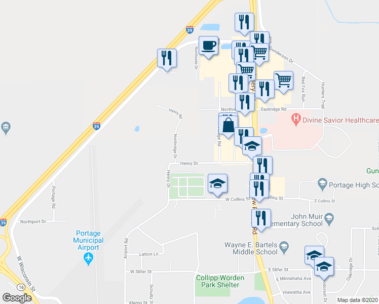 map of restaurants, bars, coffee shops, grocery stores, and more near 2825 Northridge Drive in Portage