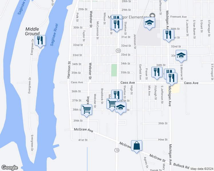 map of restaurants, bars, coffee shops, grocery stores, and more near 713 Cass Avenue in Bay City