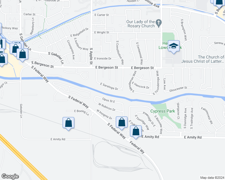 map of restaurants, bars, coffee shops, grocery stores, and more near 1055 East Saratoga Drive in Boise
