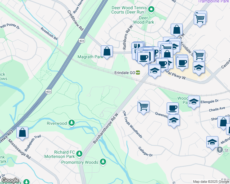 map of restaurants, bars, coffee shops, grocery stores, and more near 4300 Riverwood Park Lane in Mississauga