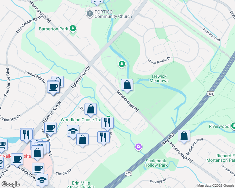 map of restaurants, bars, coffee shops, grocery stores, and more near in Mississauga