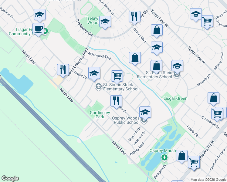 map of restaurants, bars, coffee shops, grocery stores, and more near 6343 Alderwood Trail in Mississauga