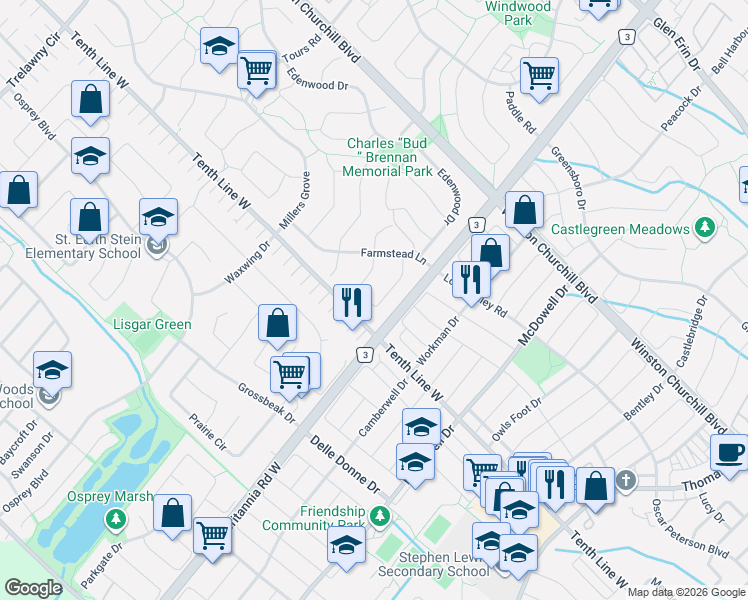 map of restaurants, bars, coffee shops, grocery stores, and more near 3205 Anderson Crescent in Mississauga