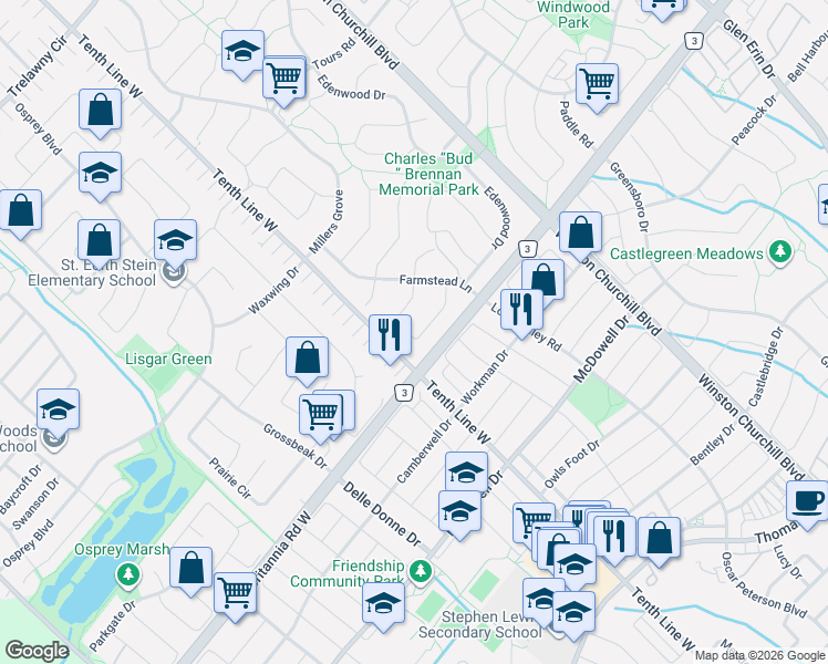 map of restaurants, bars, coffee shops, grocery stores, and more near 3205 Anderson Crescent in Mississauga