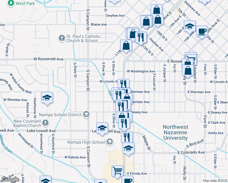 map of restaurants, bars, coffee shops, grocery stores, and more near 399 South Olive Street in Nampa