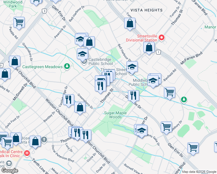 map of restaurants, bars, coffee shops, grocery stores, and more near 5636 Glen Erin Drive in Mississauga