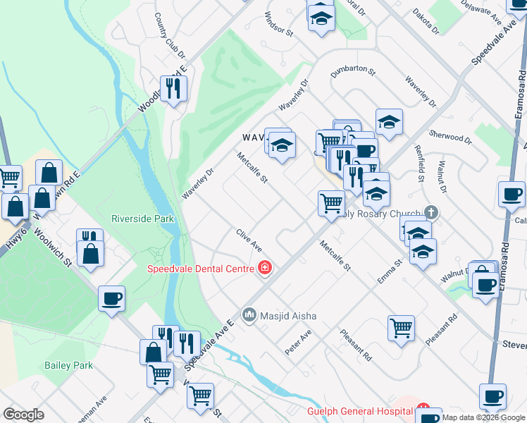 map of restaurants, bars, coffee shops, grocery stores, and more near 2 Collingwood Street in Guelph