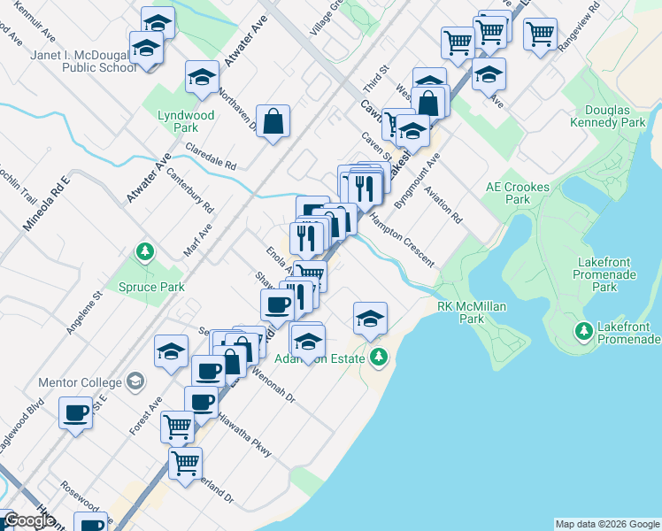 map of restaurants, bars, coffee shops, grocery stores, and more near 480 Lakeshore Road East in Mississauga