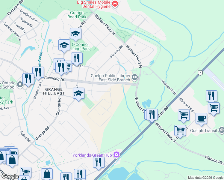 map of restaurants, bars, coffee shops, grocery stores, and more near 39 Everton Drive in Guelph