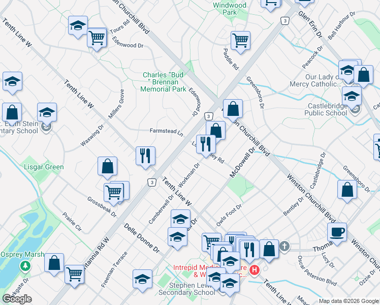 map of restaurants, bars, coffee shops, grocery stores, and more near 5859 Chalfont Crescent in Mississauga