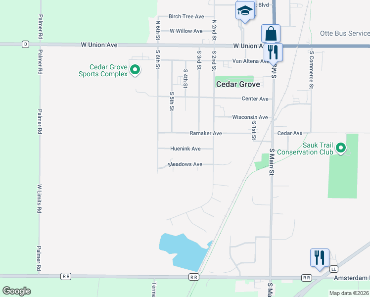 map of restaurants, bars, coffee shops, grocery stores, and more near Huenink Avenue in Cedar Grove