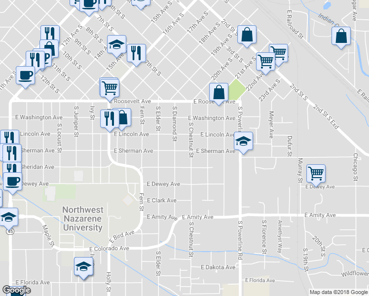 map of restaurants, bars, coffee shops, grocery stores, and more near 1116 East Sherman Avenue in Nampa