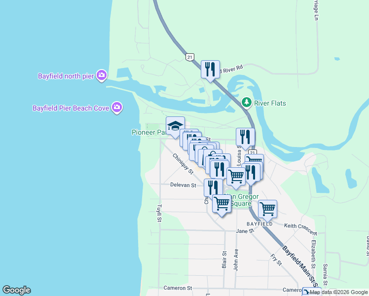 map of restaurants, bars, coffee shops, grocery stores, and more near 31 Bayfield Main Street North in Bluewater