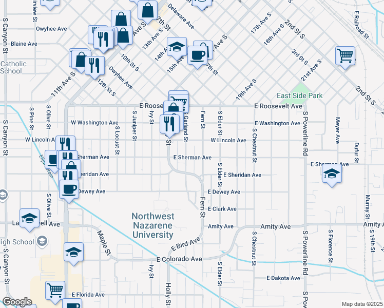 map of restaurants, bars, coffee shops, grocery stores, and more near 319 Fern Street in Nampa
