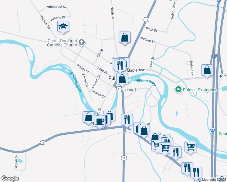 map of restaurants, bars, coffee shops, grocery stores, and more near 1 South Jefferson Street in Pulaski