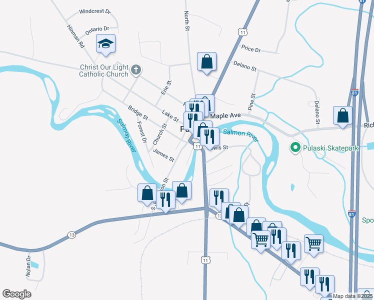 map of restaurants, bars, coffee shops, grocery stores, and more near 1 South Jefferson Street in Pulaski