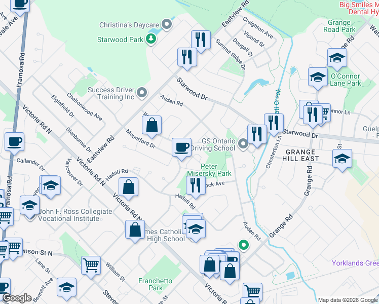 map of restaurants, bars, coffee shops, grocery stores, and more near 61 Watt Street in Guelph