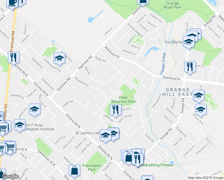 map of restaurants, bars, coffee shops, grocery stores, and more near 35 Mountford Drive in Guelph