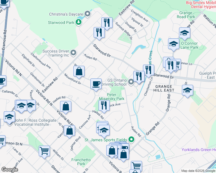 map of restaurants, bars, coffee shops, grocery stores, and more near 35 Mountford Drive in Guelph