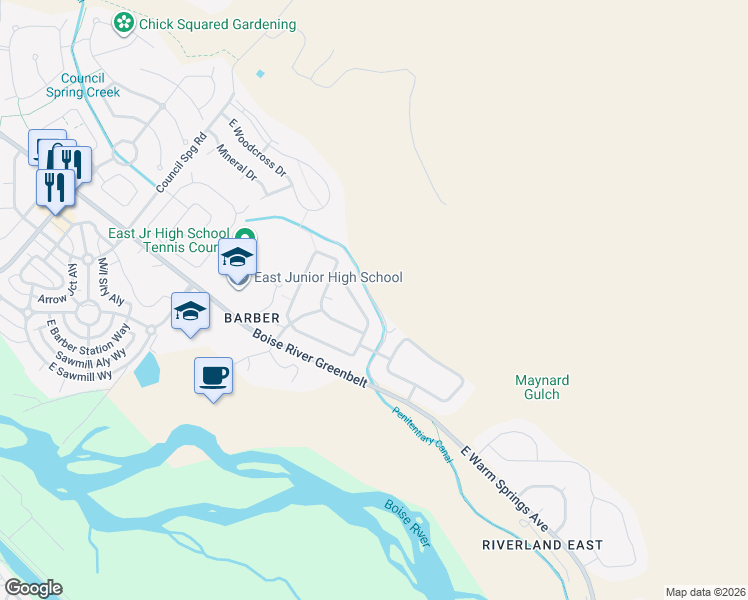 map of restaurants, bars, coffee shops, grocery stores, and more near 6060 East Grand Prairie Drive in Boise