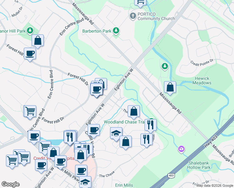 map of restaurants, bars, coffee shops, grocery stores, and more near 1724 The Chase in Mississauga
