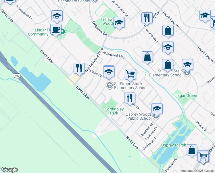 map of restaurants, bars, coffee shops, grocery stores, and more near 3914 Beechnut Row in Mississauga