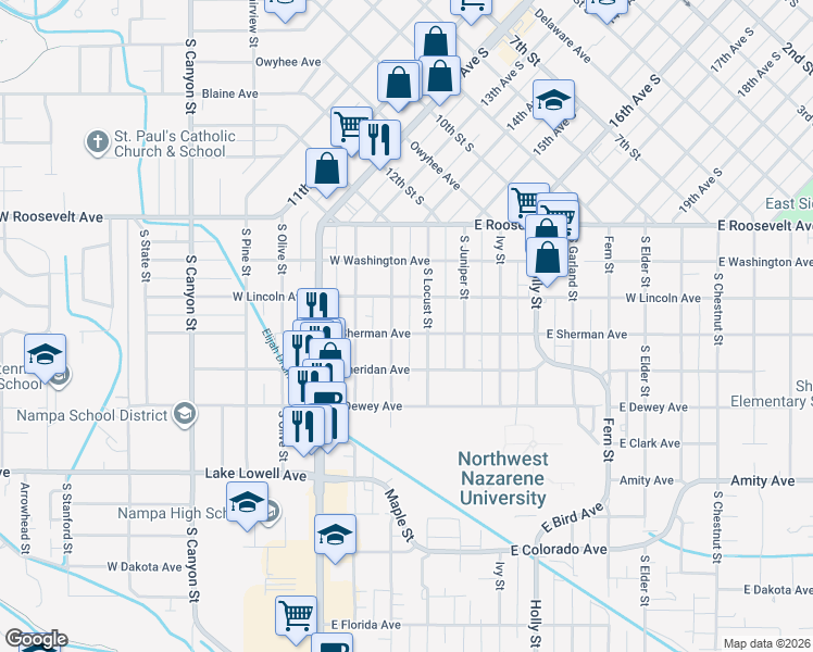 map of restaurants, bars, coffee shops, grocery stores, and more near 312 Maple Street in Nampa