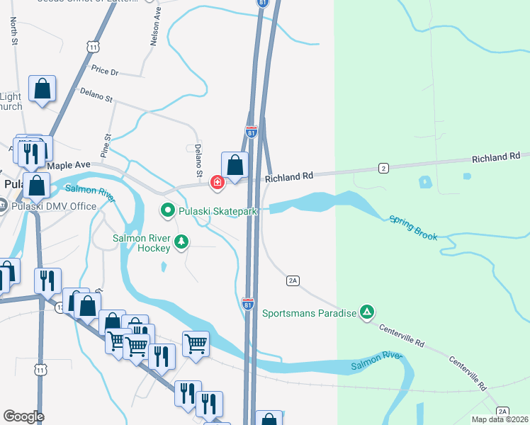 map of restaurants, bars, coffee shops, grocery stores, and more near 489 Centerville Road in Pulaski