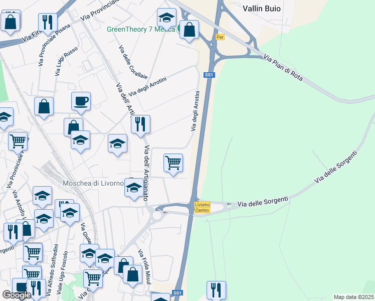 map of restaurants, bars, coffee shops, grocery stores, and more near 36 Via degli Arrotini in Livorno